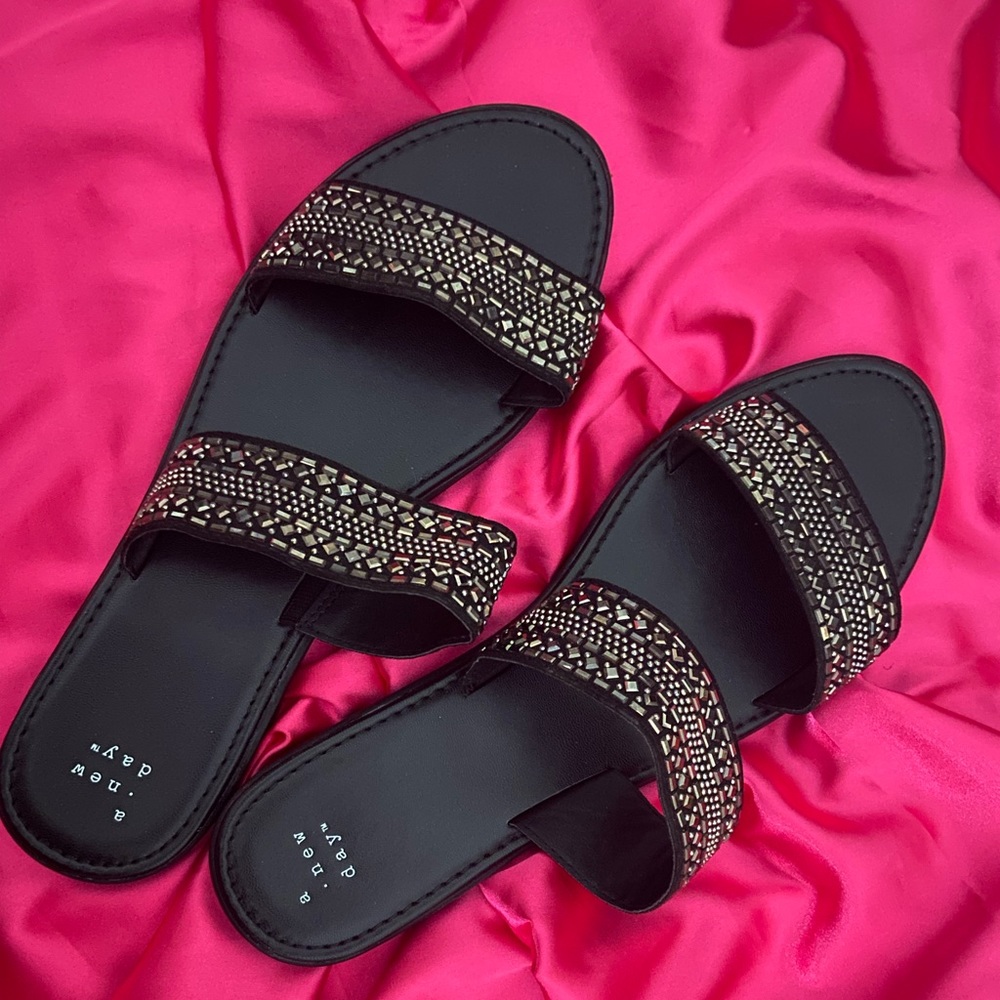 A New Day Black flat sandals with sequined pattern